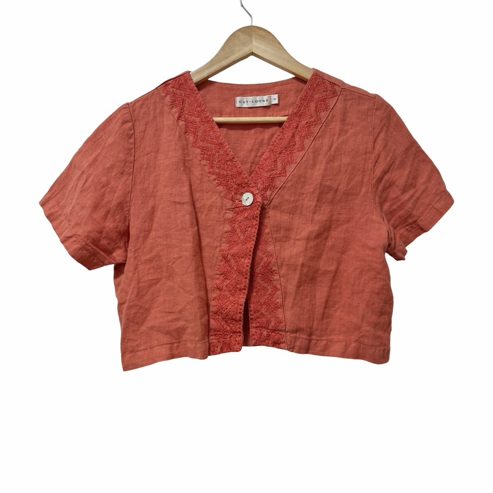 Cut Loose Womens Linen Boxy Button Top Size S Orange Artsy Boho Dress Coverup